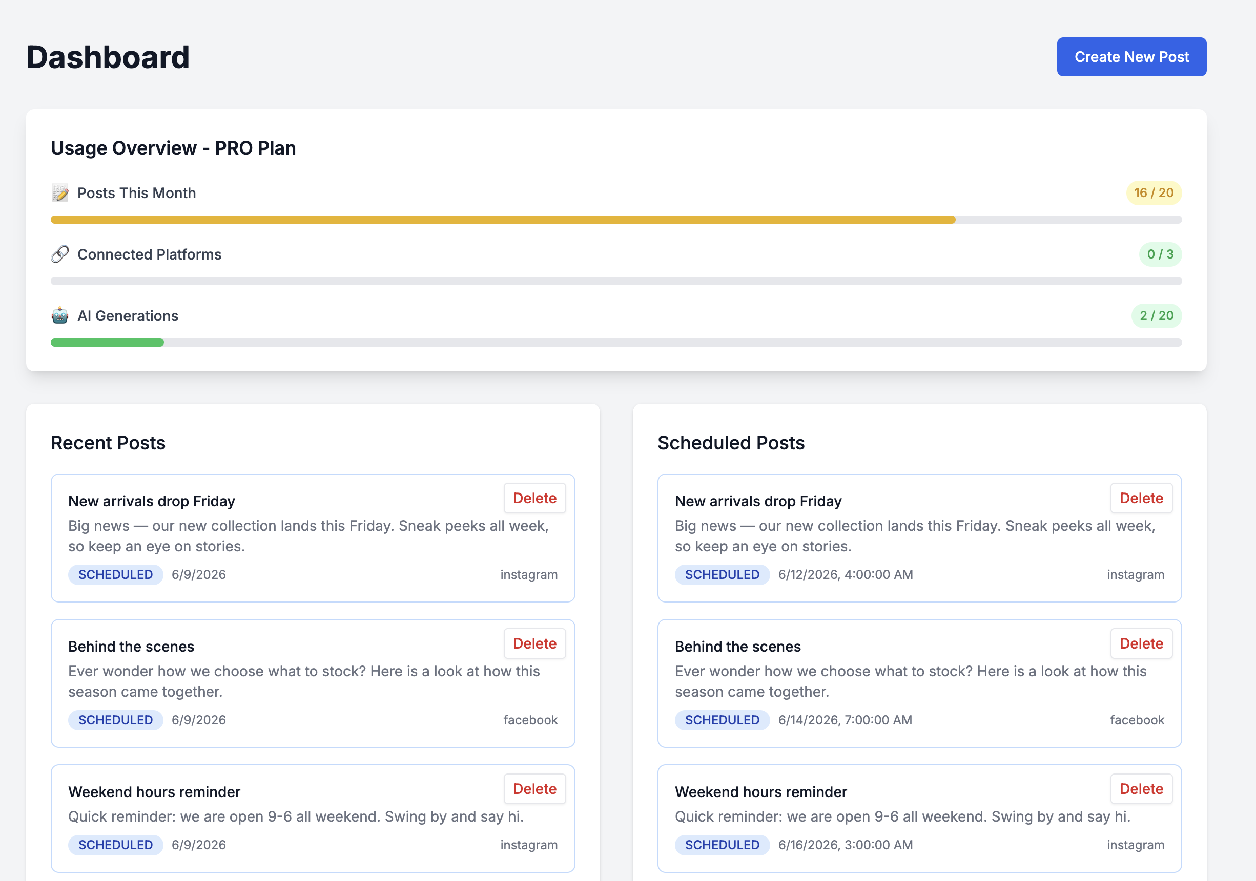 AIPostPro dashboard